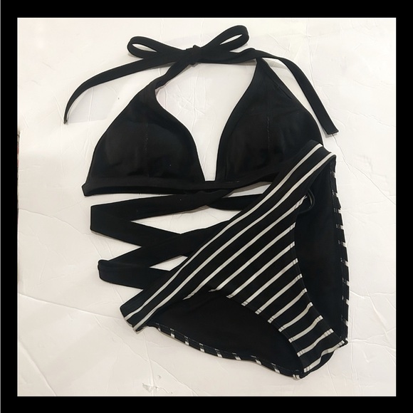 VINTAGE Victoria's Secret PINK Black Wrap Bikini Top & Aerie Striped Bottom XS - Picture 3 of 10